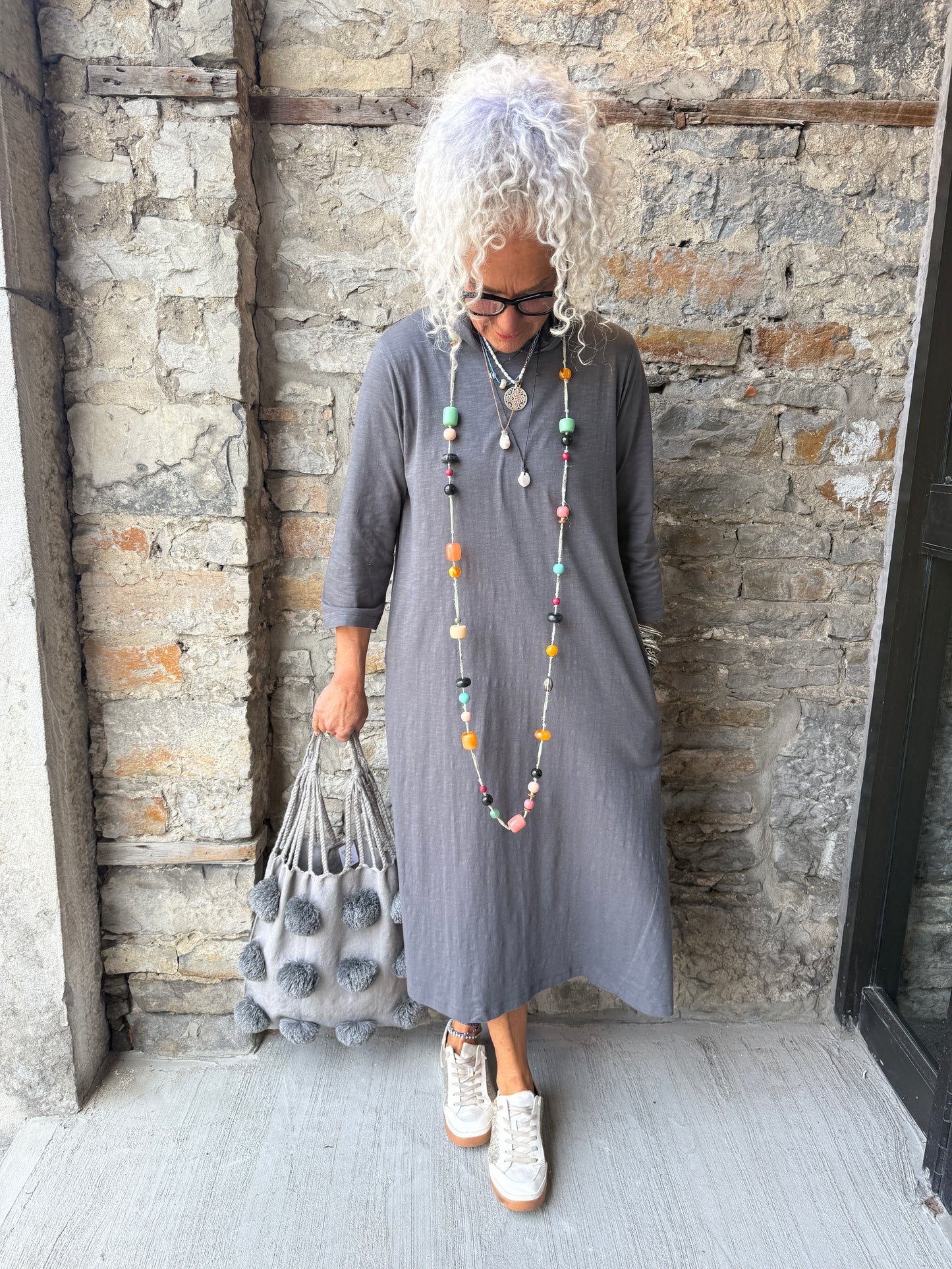 100% Cotton Oversized Hoody Midi length A line dress with pockets- SLATE GREY
