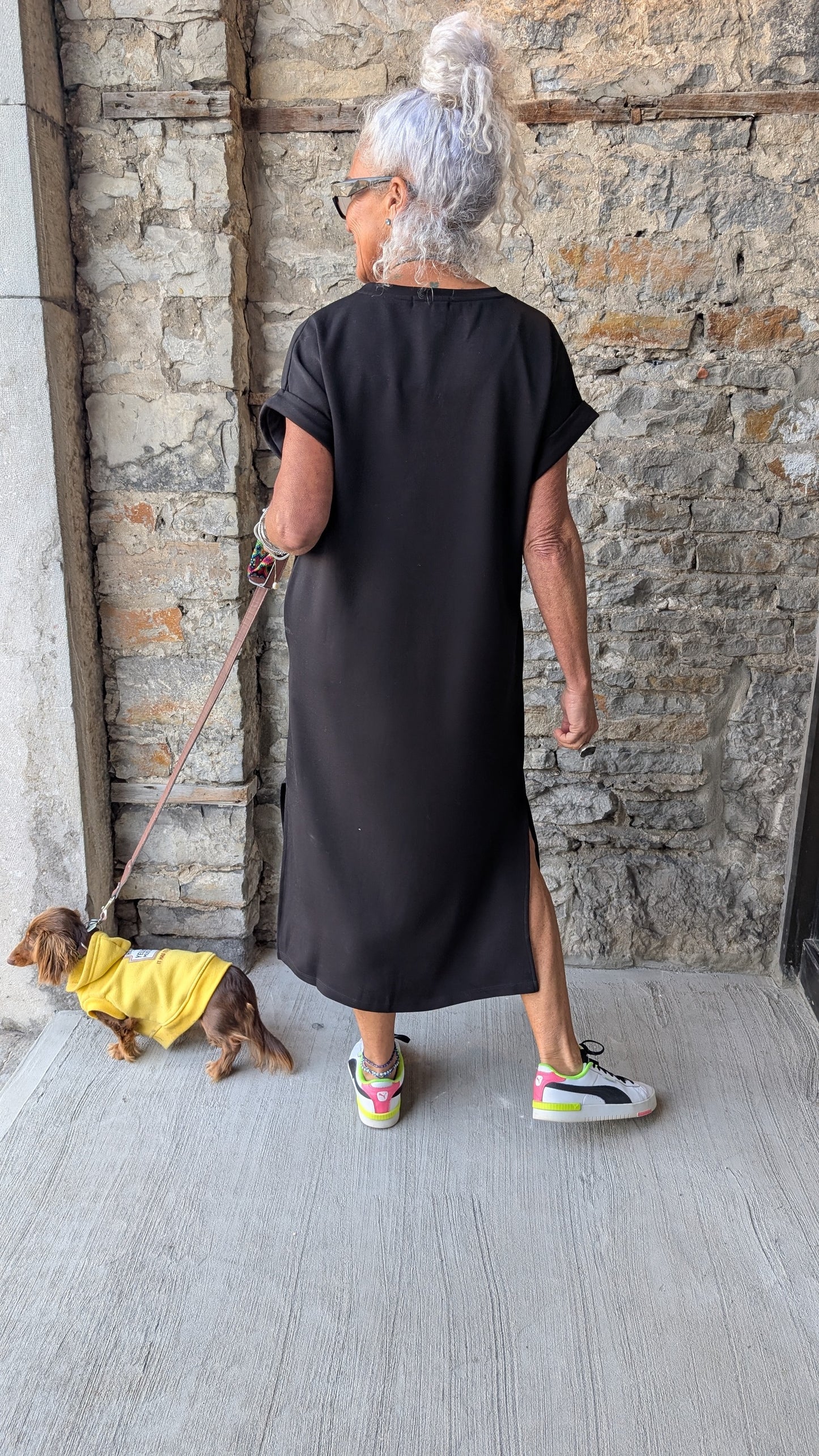 Black Modern Short Sleeve Midi Length Side Slit Dress with POCKETS