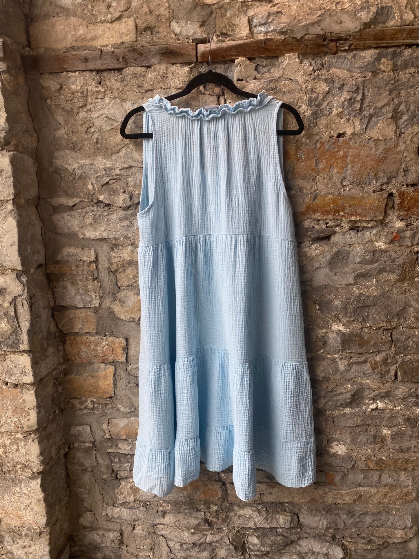 100% Waffle Cotton Sleeveless Flounce Summer Dress - SKY BLUE