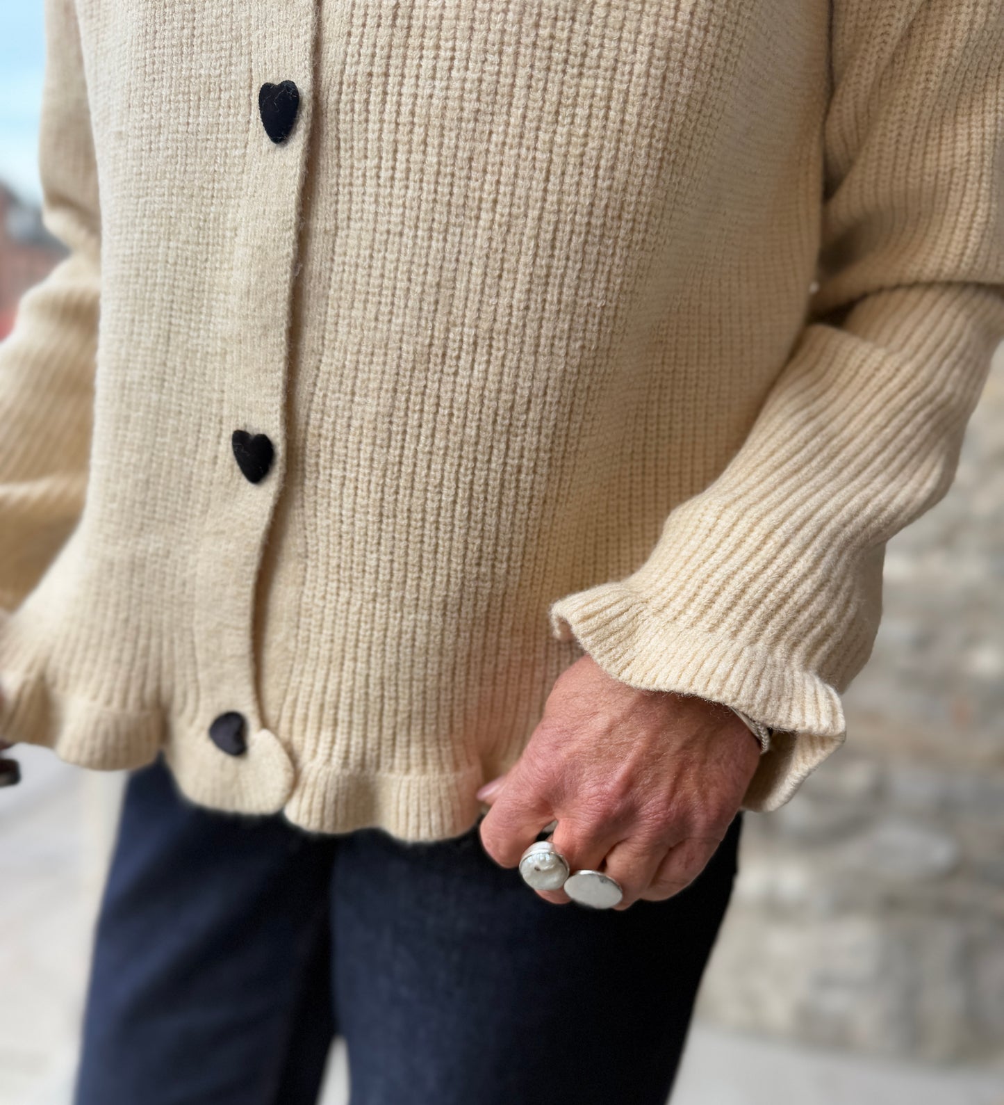 Beige Ribbed Knit Cardigan with Black Velvet Heart Buttoned