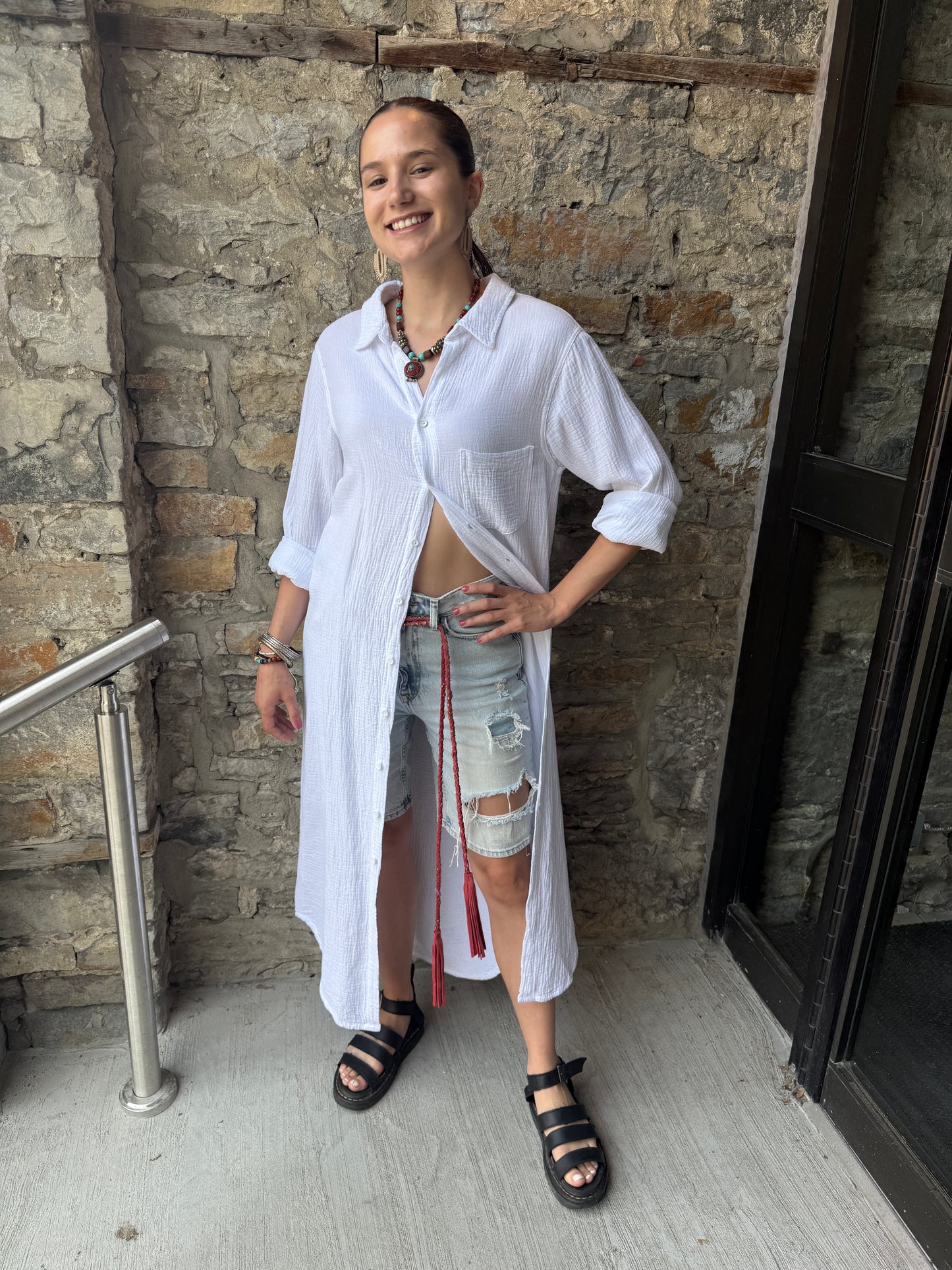 100% Waffle Cotton Long Sleeve Shirt Dress - White
