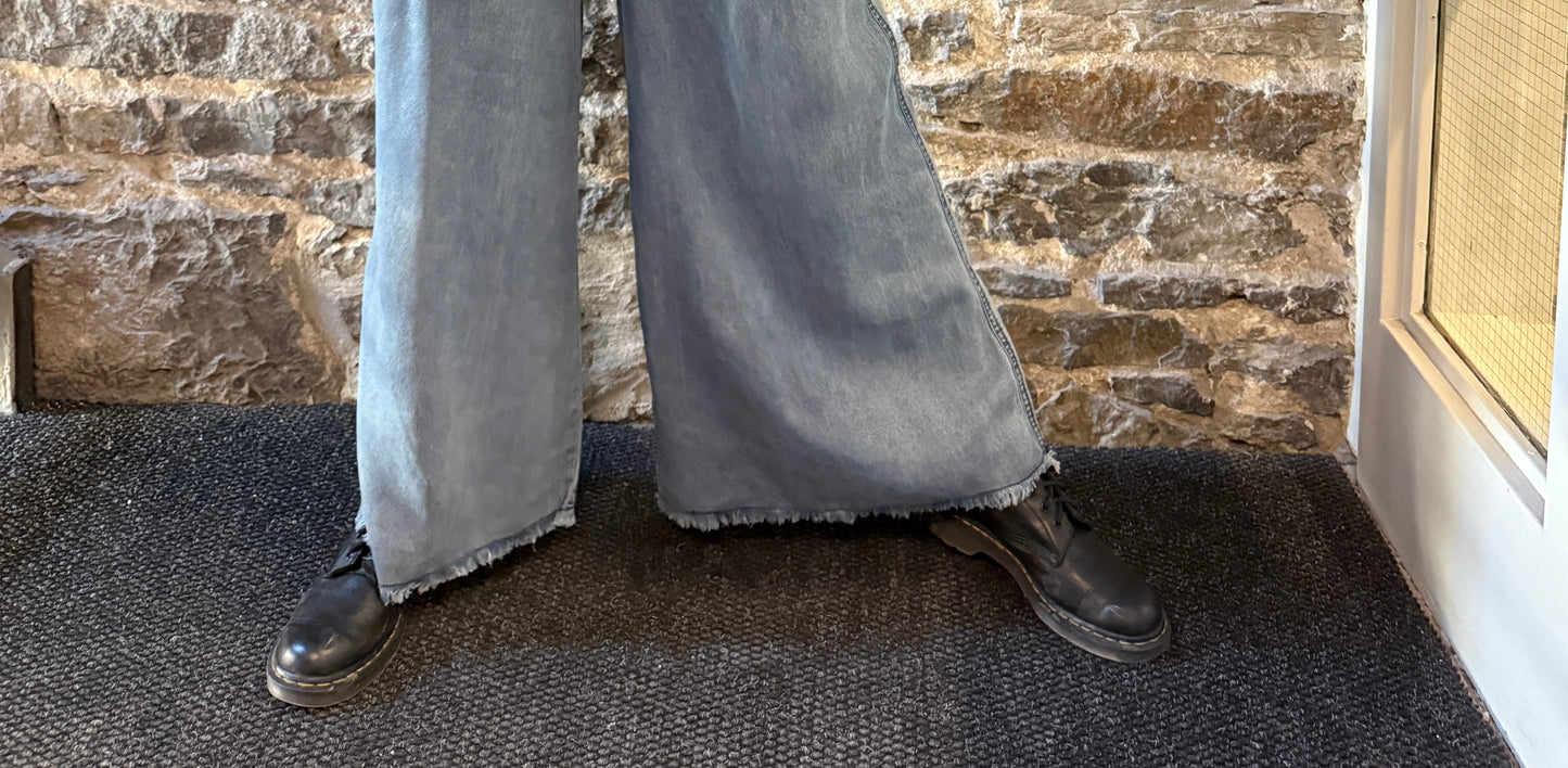 Wide Leg Palazzo Light Weight Chambray Jean Pant With Distressed Hem