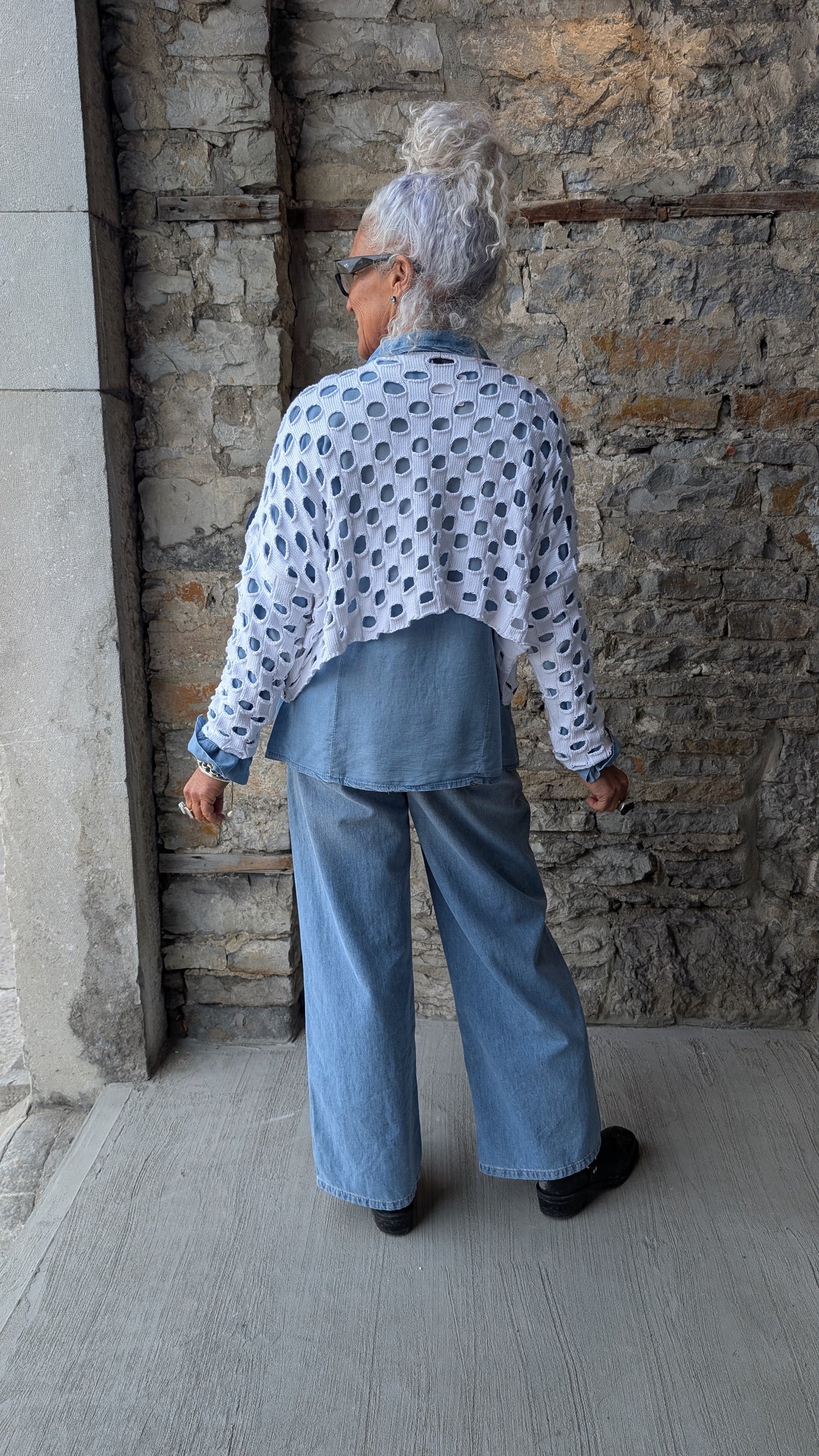 Recycled Denim on White Cotton Oversized Cropped Relaxed Fit Pullover Long Sleeve Sweater