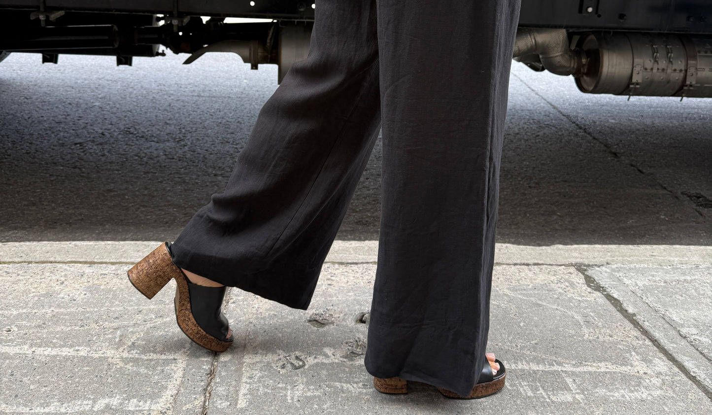 Hi Waist Black Linen Wide Leg Pant with POCKETS