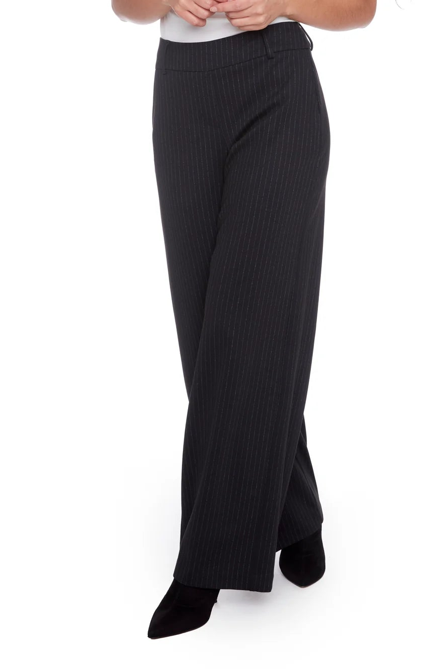 Pinstripe Wide Leg Ponte Pant with pockets- Black and White
