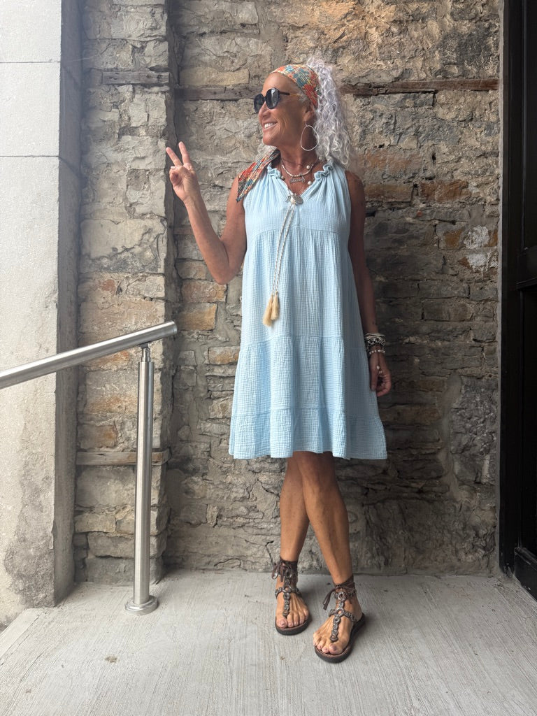 100% Waffle Cotton Sleeveless Flounce Summer Dress - SKY BLUE