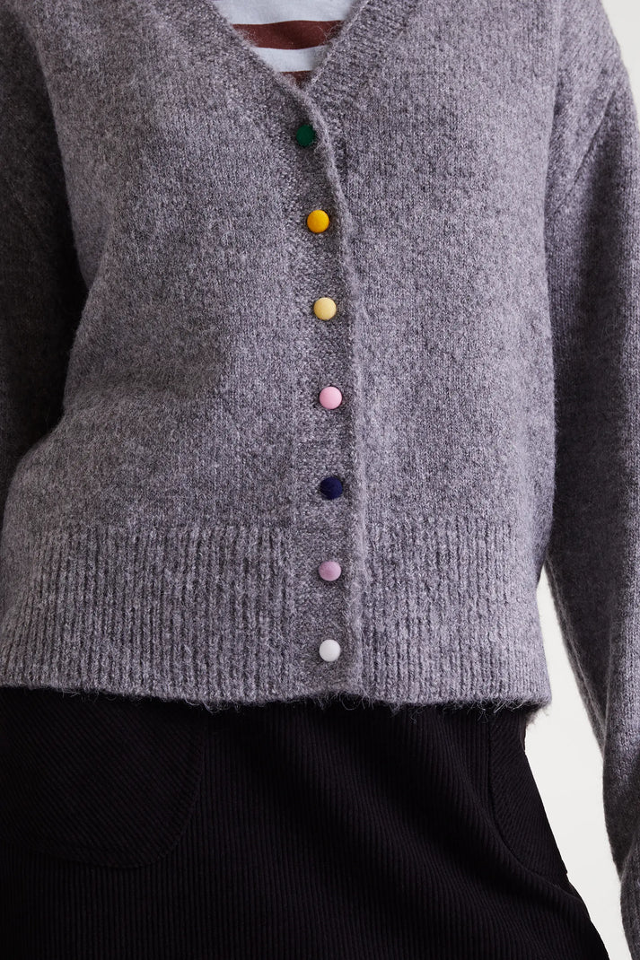 Grey Knit Cardigan with Multicoloured Velvet Buttons
