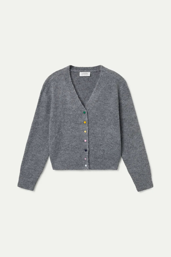 Grey Knit Cardigan with Multicoloured Velvet Buttons