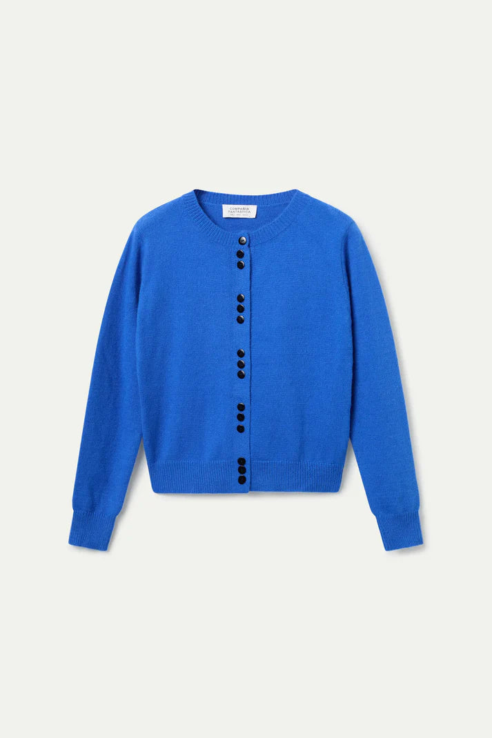 Blue Round Neck Knit with black buttons Cardigan