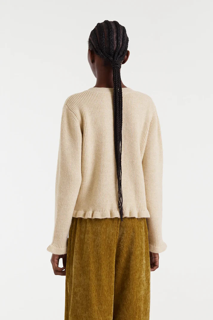 Beige Ribbed Knit Cardigan with Black Velvet Heart Buttoned