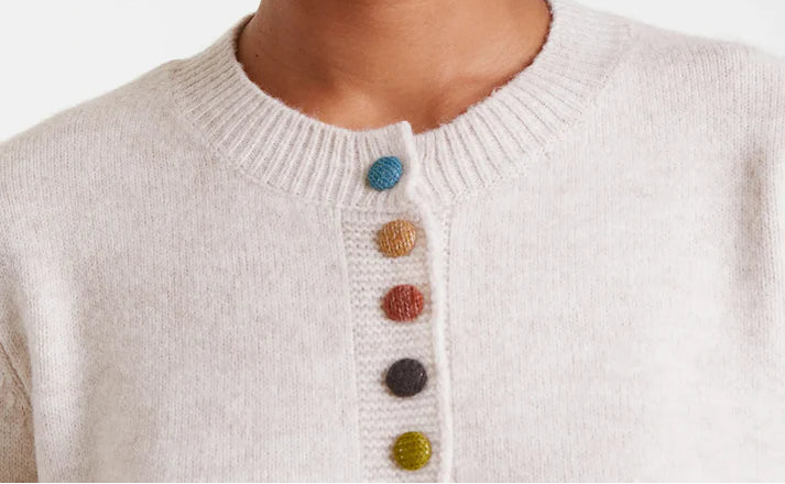 Beige Round Neck Knit Cardigan with Multicoloured Buttons