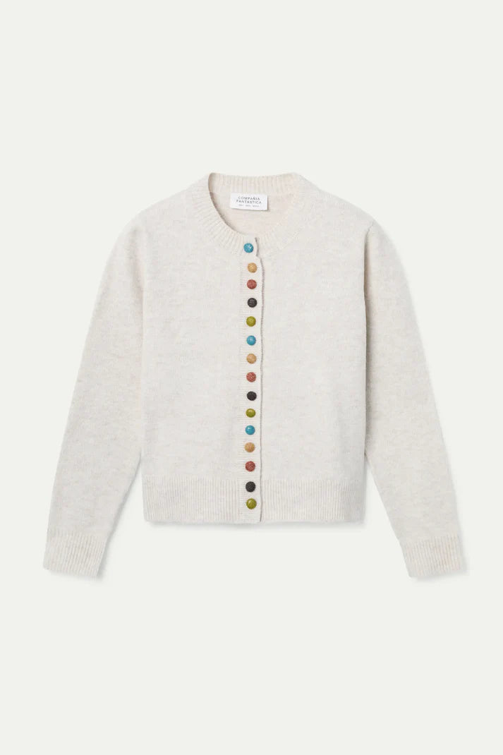Beige Round Neck Knit Cardigan with Multicoloured Buttons