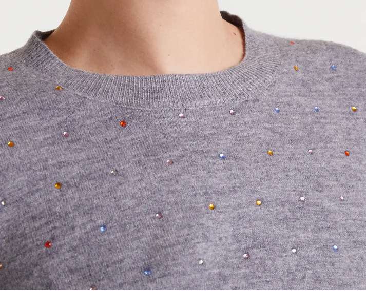 Grey Fine Knit Sweater with Multicoloured Rhinestone Details