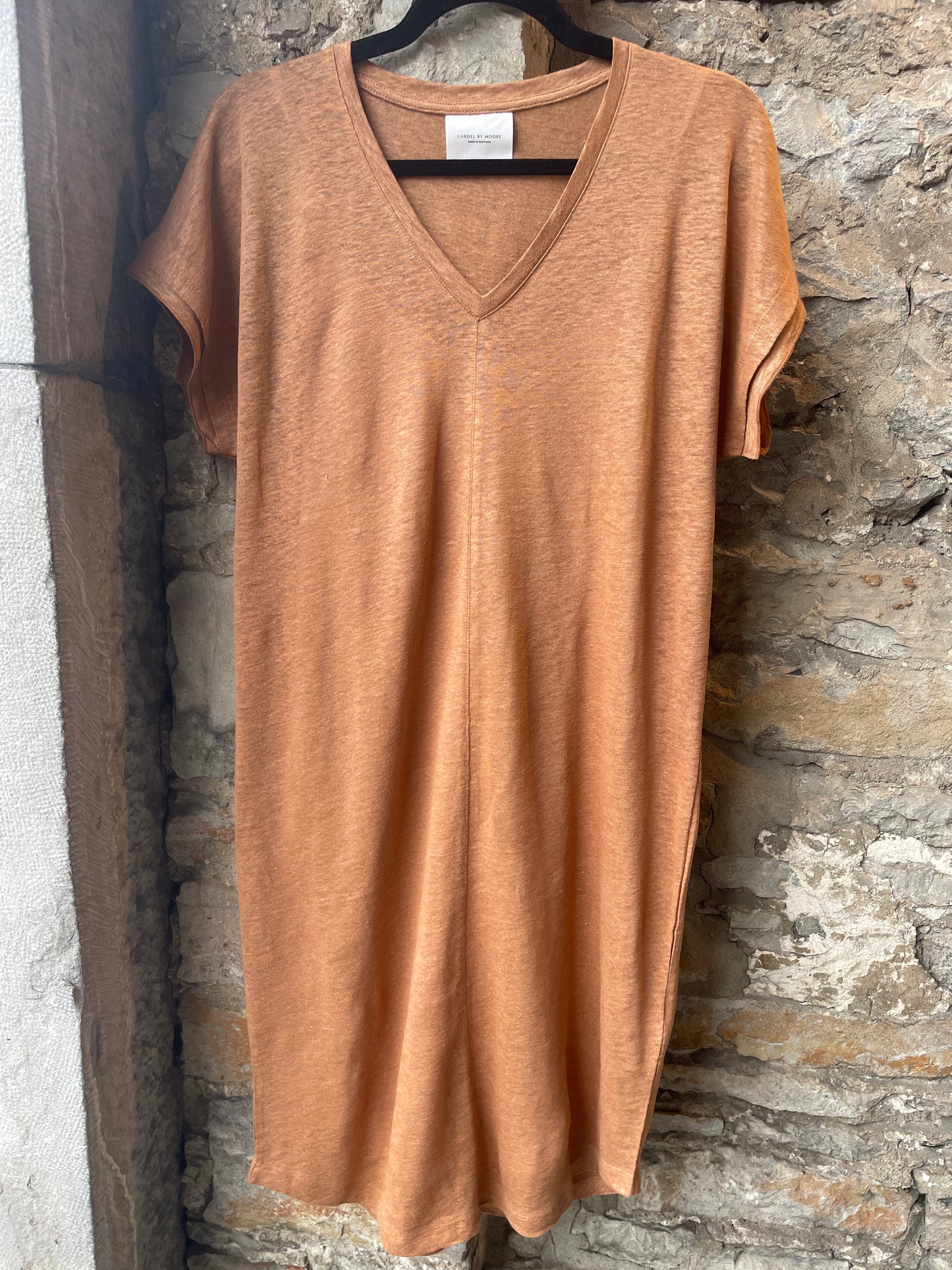 100% slub  linen V neck T shirt dress with slip- Tan