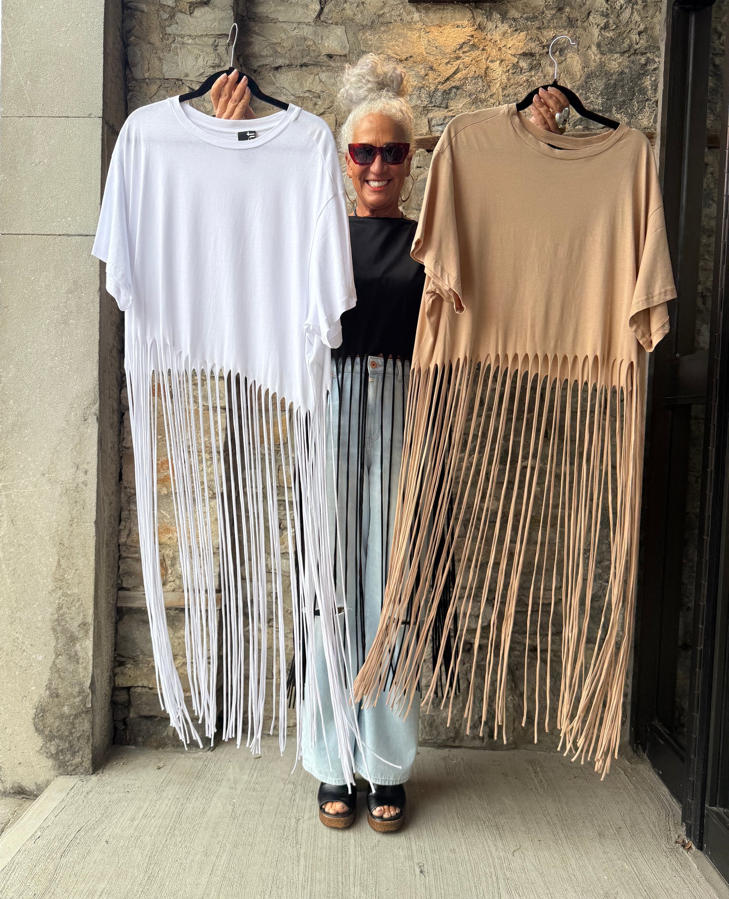 100% Cotton Relaxed Long Fringe T shirt- WHITE