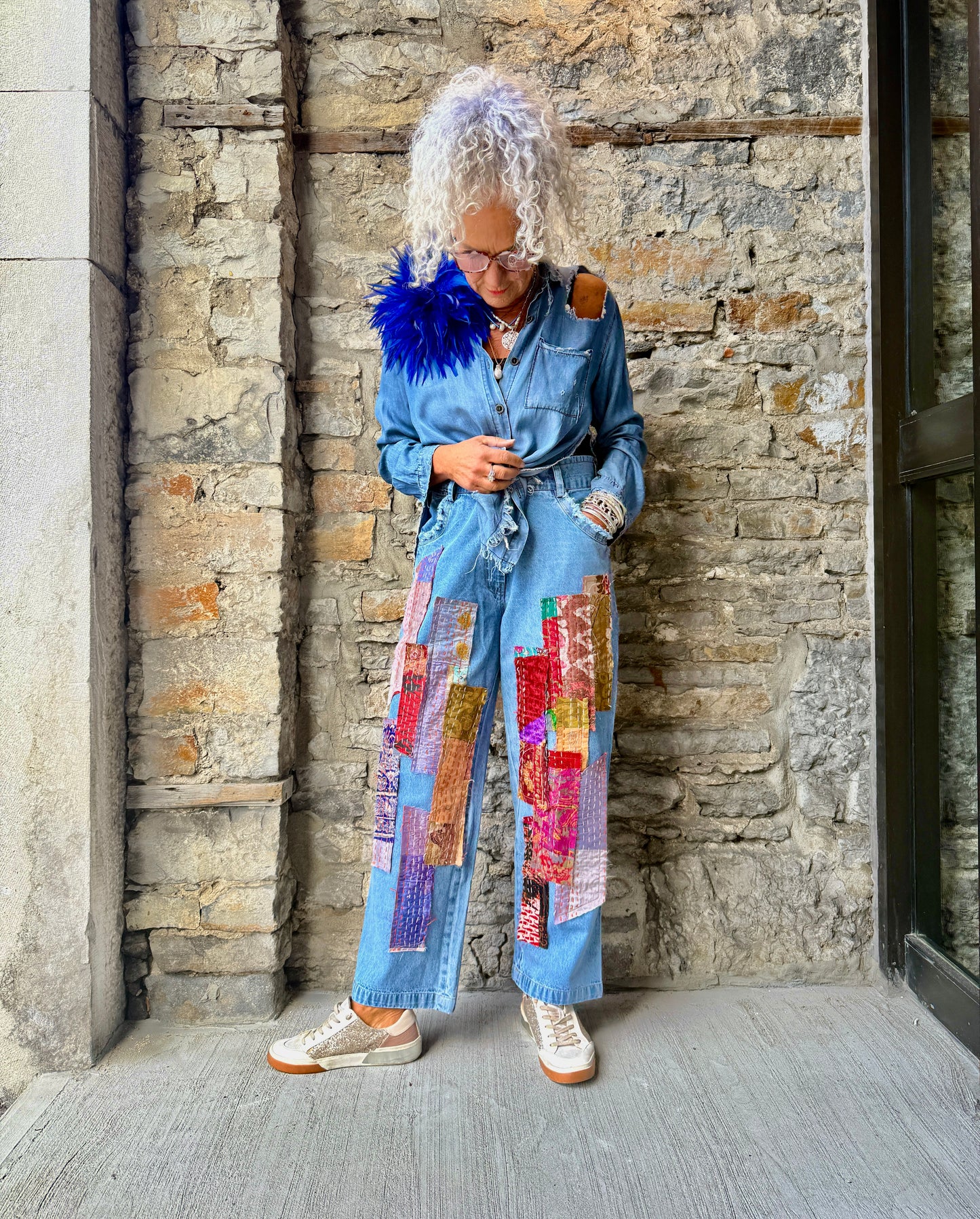 Hi Waist Multicolour Tapestry Jeans-Light Wash