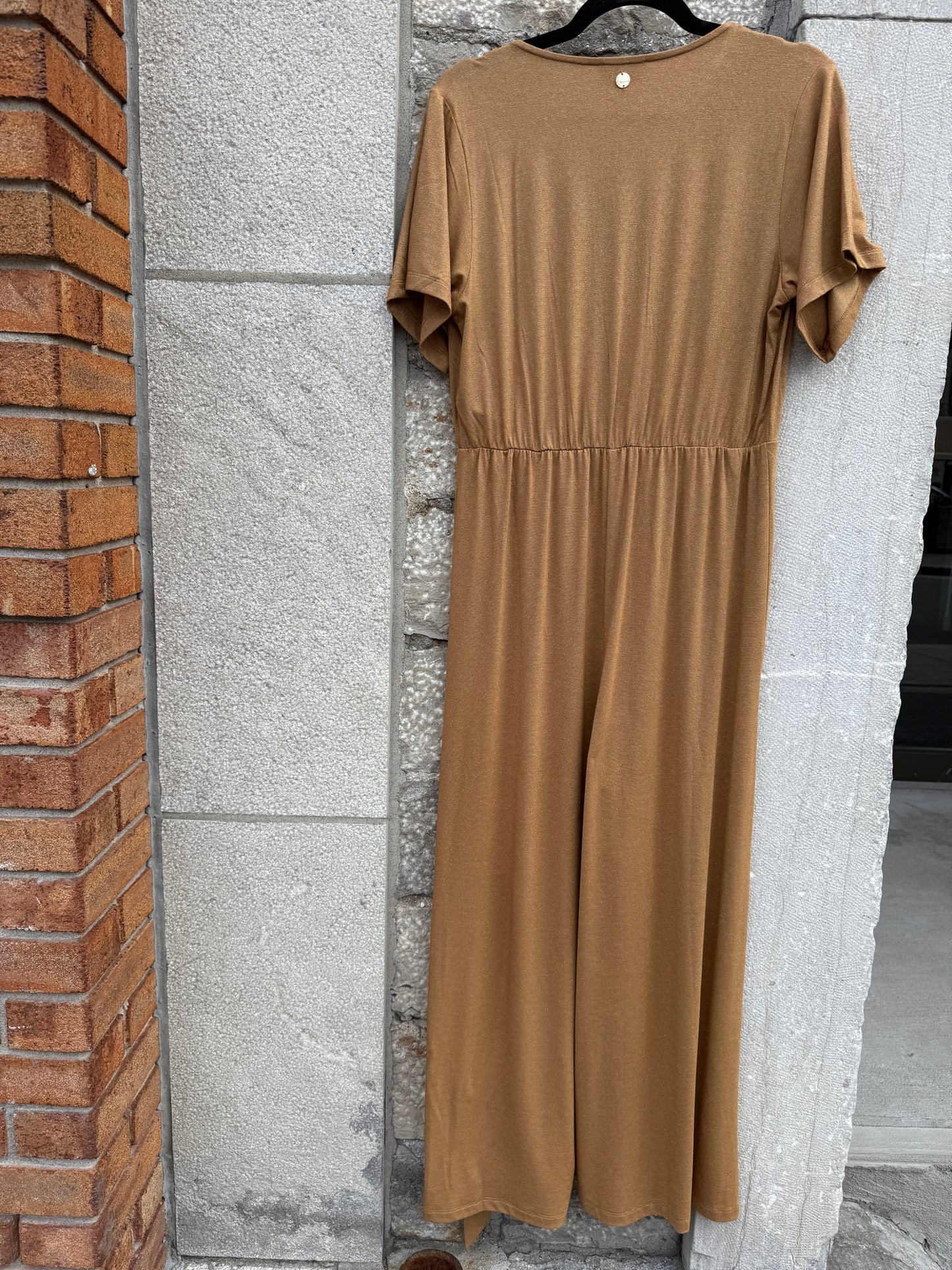 V neck Short Sleeve Wide Leg Jumpsuit- CAMEL with GOLD flecks
