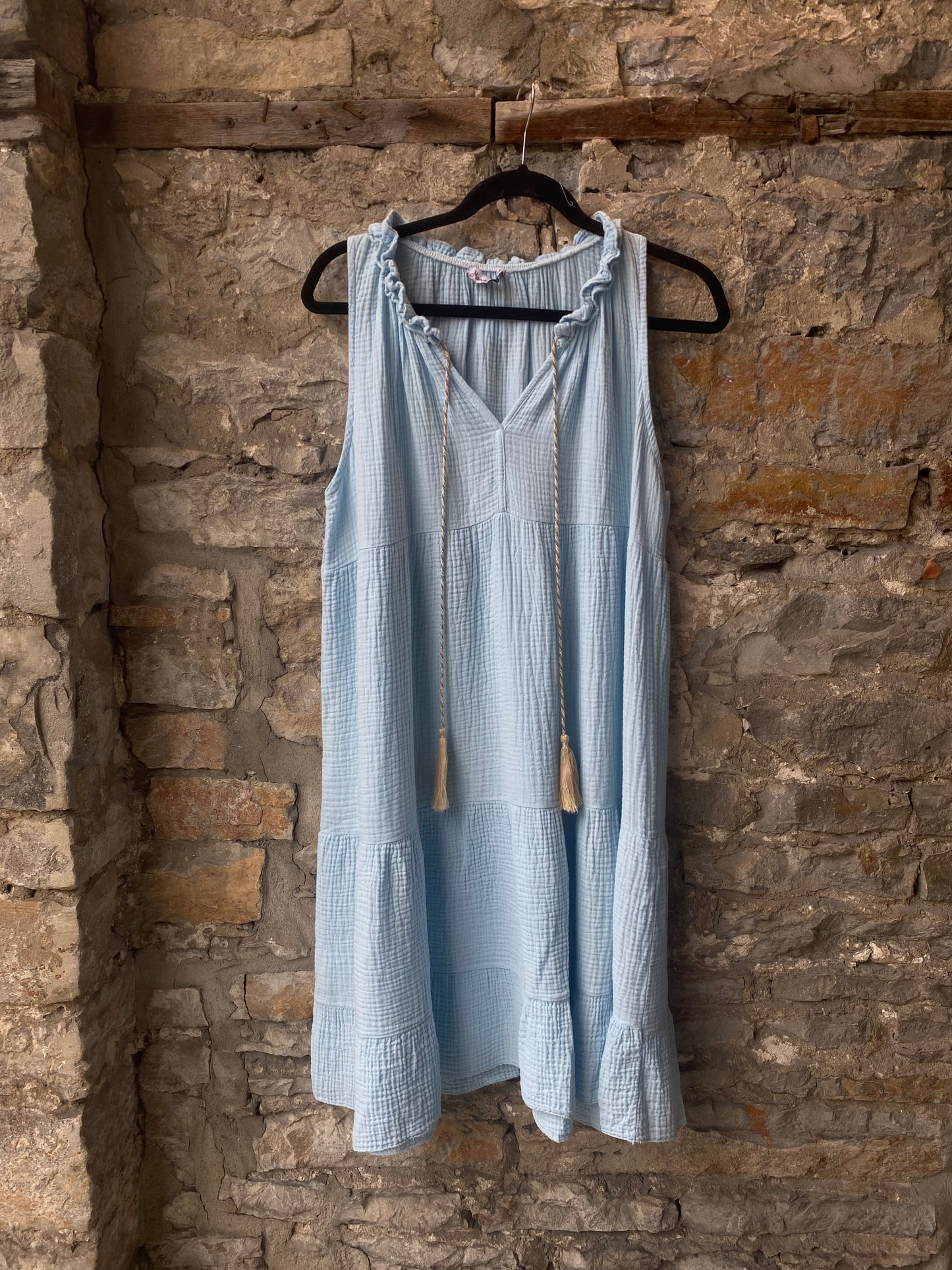 100% Waffle Cotton Sleeveless Flounce Summer Dress - SKY BLUE