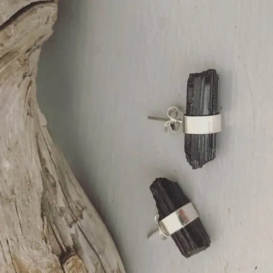 Silver and Black Tourmaline  Stud Earrings