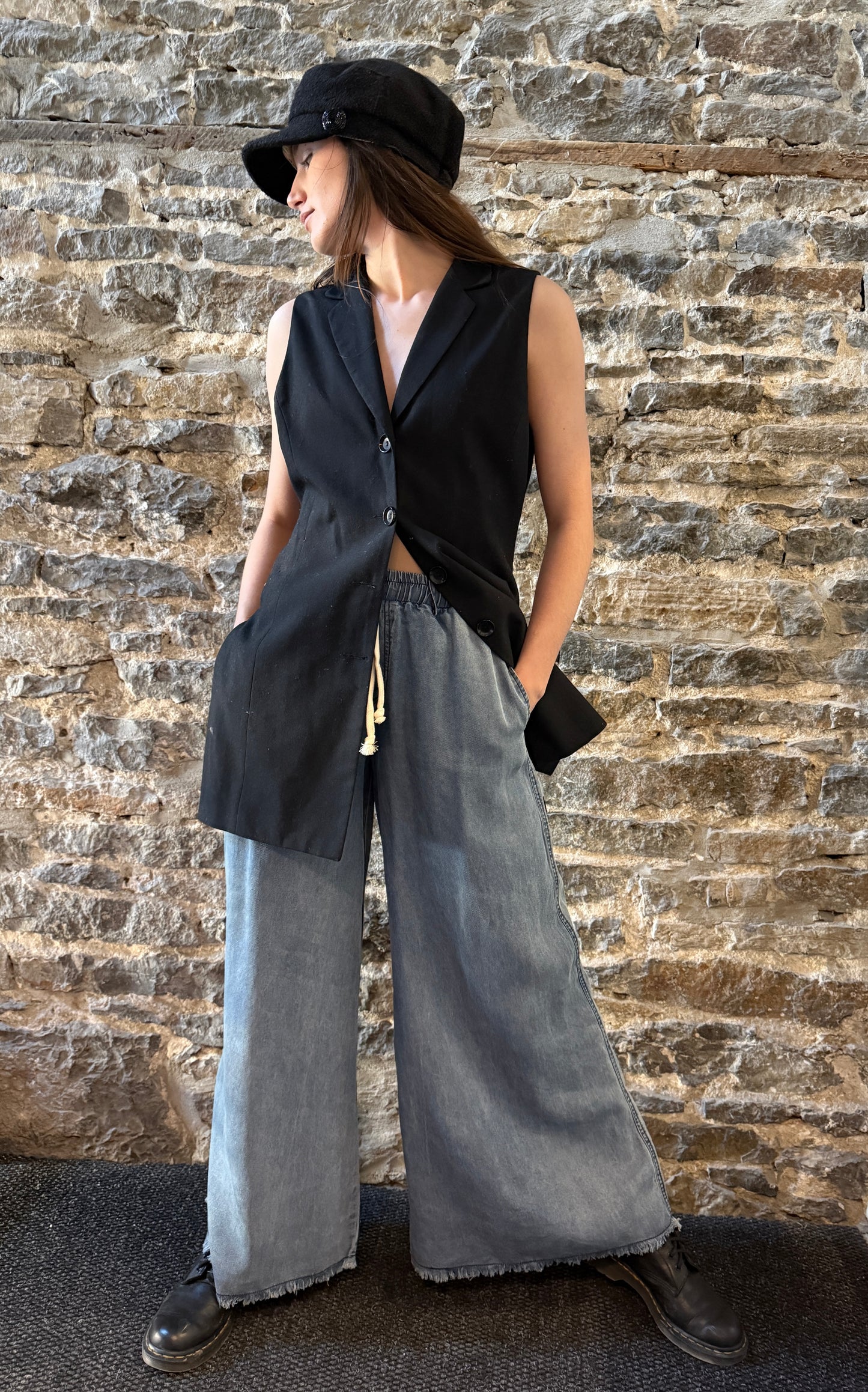 Wide Leg Palazzo Light Weight Chambray Jean Pant With Distressed Hem