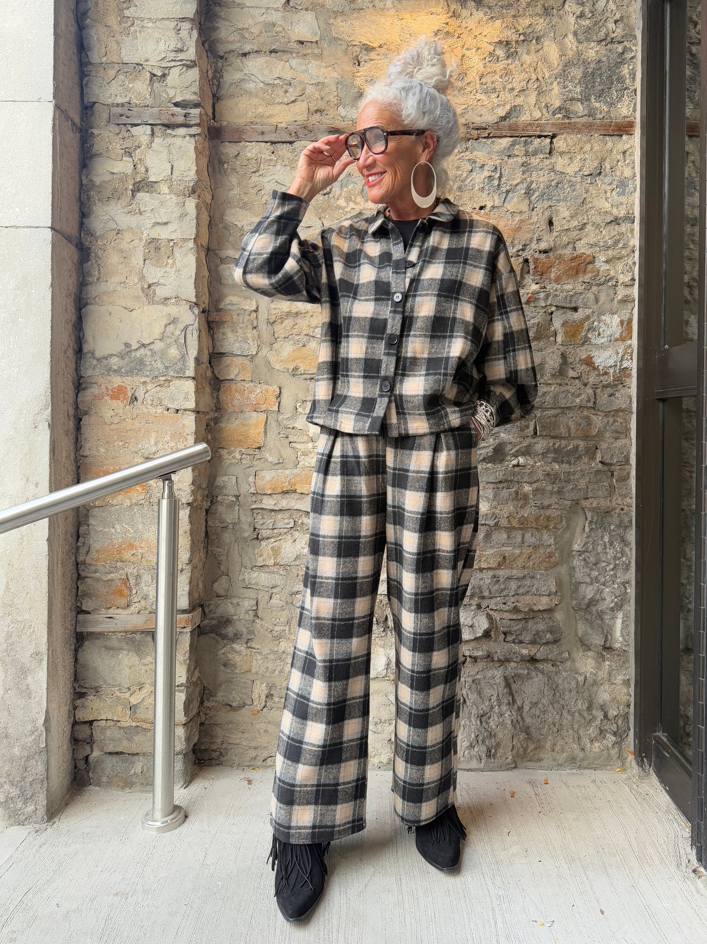Black and Tan Flannel Shirt and Straight Leg Pant 2 Piece SET