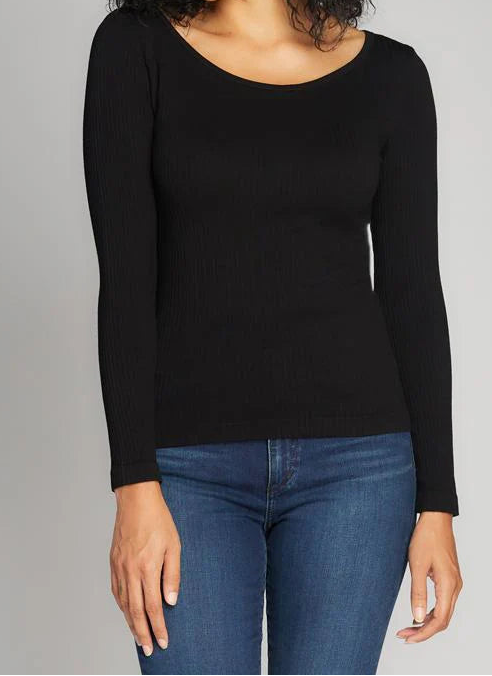 Seamless Ribbed Crew Neck Top - BLACK