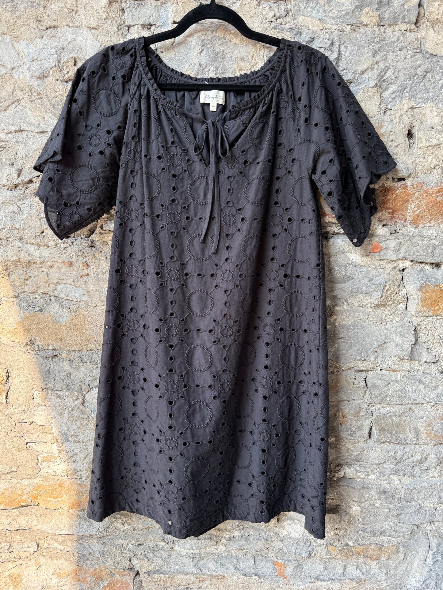 100% Cotton Short Sleeve Black Eyelet Short Dress - BLACK
