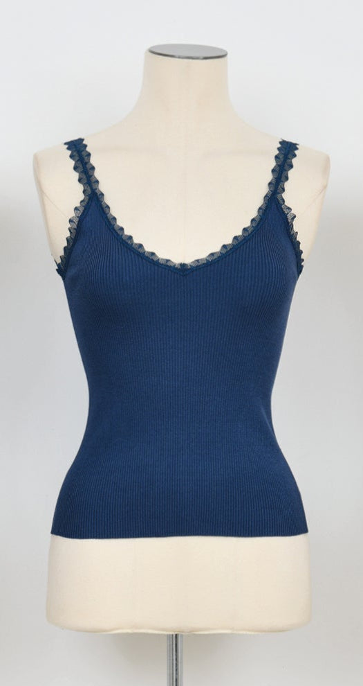 Ribbed Knit Tank Top with lace trim - Blue Denim