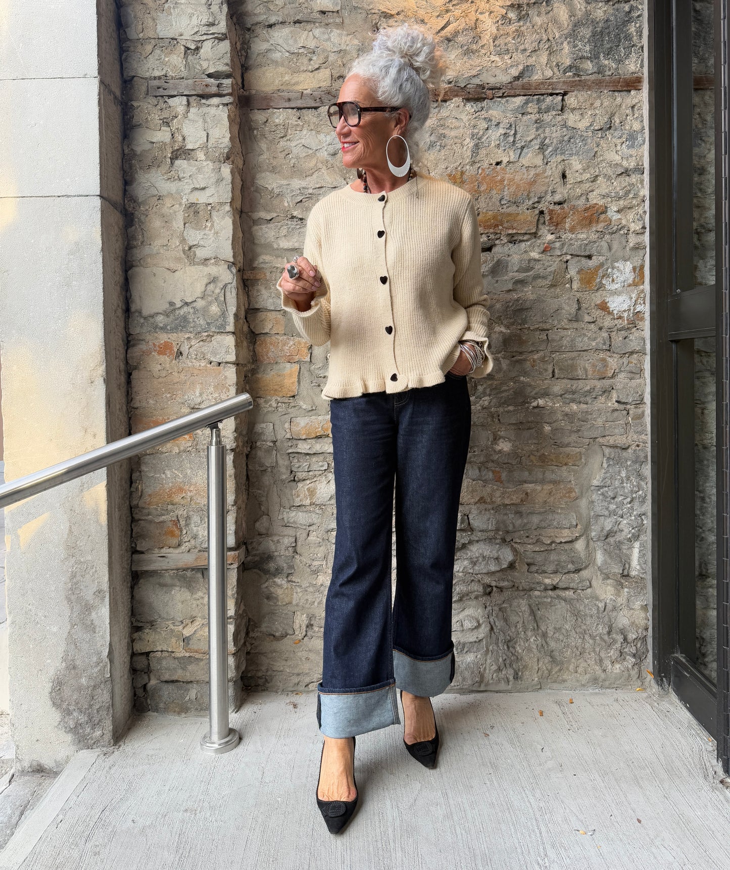 Beige Ribbed Knit Cardigan with Black Velvet Heart Buttoned