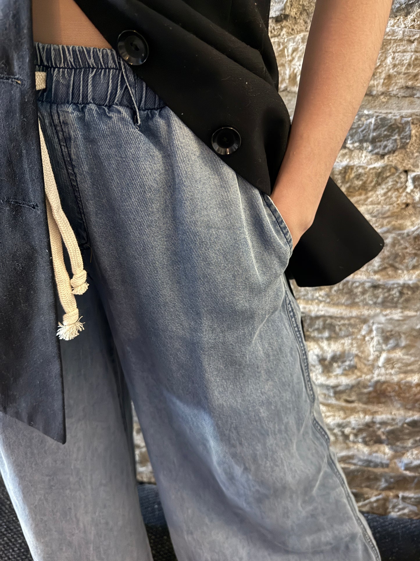 Wide Leg Palazzo Light Weight Chambray Jean Pant With Distressed Hem