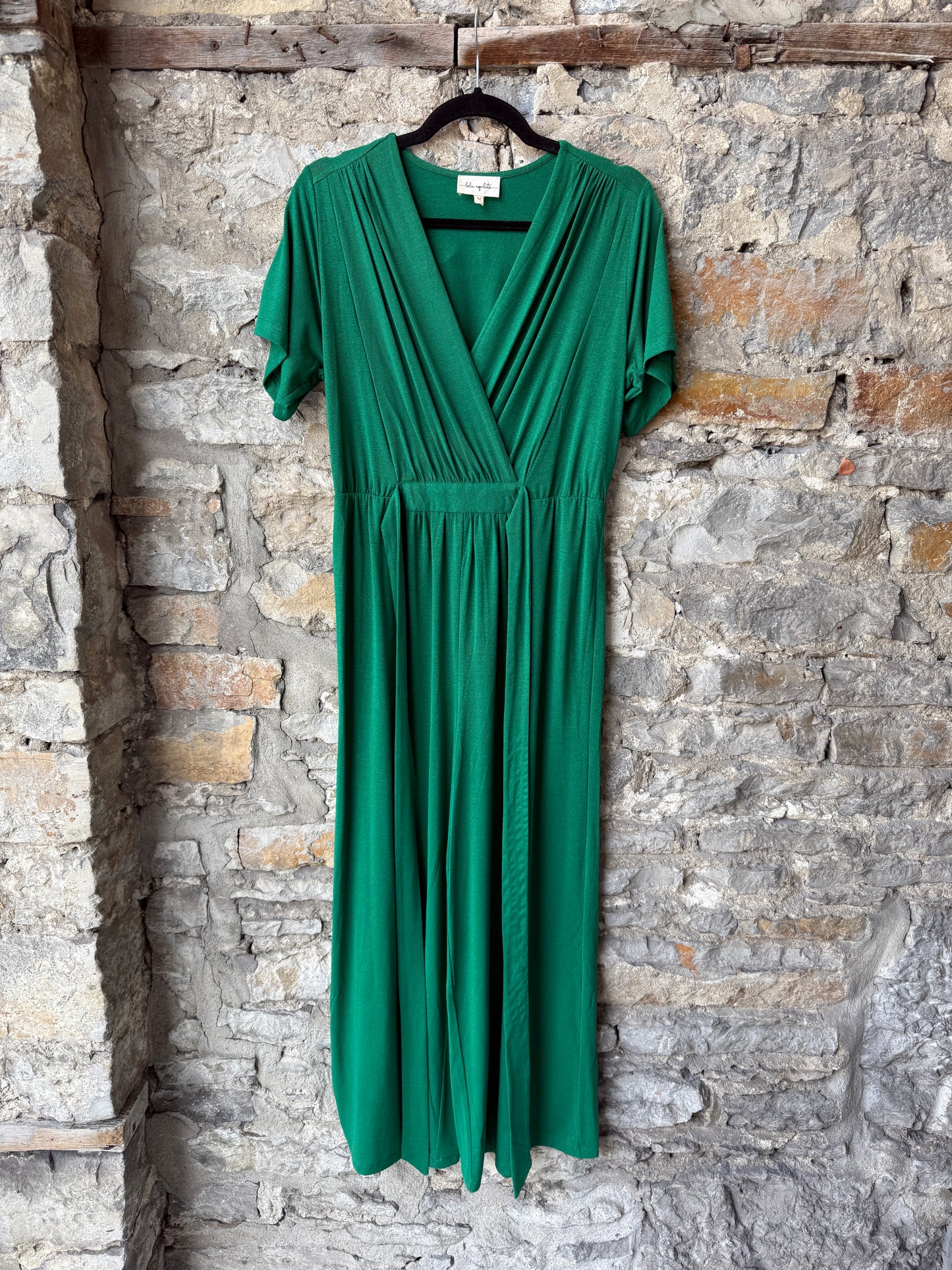 V neck Short Sleeve Wide Leg Jumpsuit- EMERALD GREEN