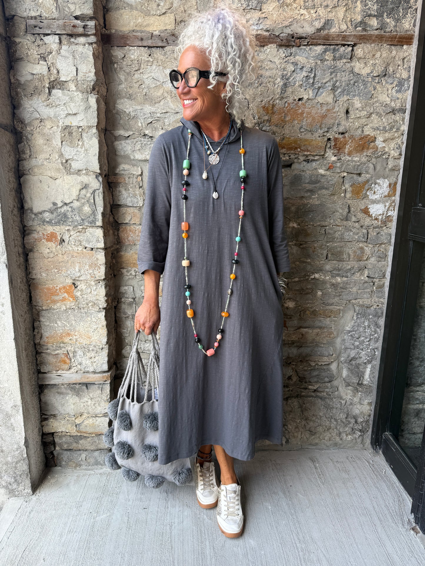 100% Cotton Oversized Hoody Midi length A line dress with pockets- SLATE GREY