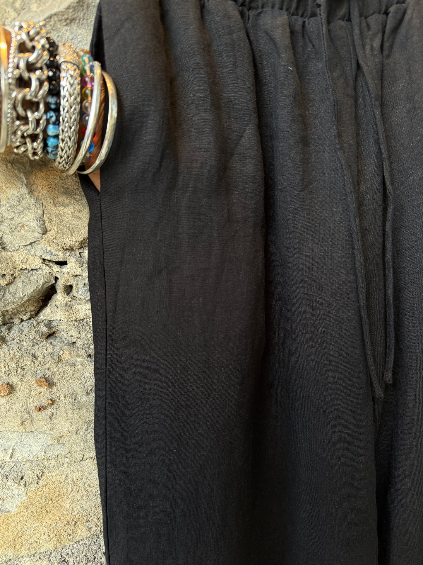 Hi Waist Black Linen Wide Leg Pant with POCKETS