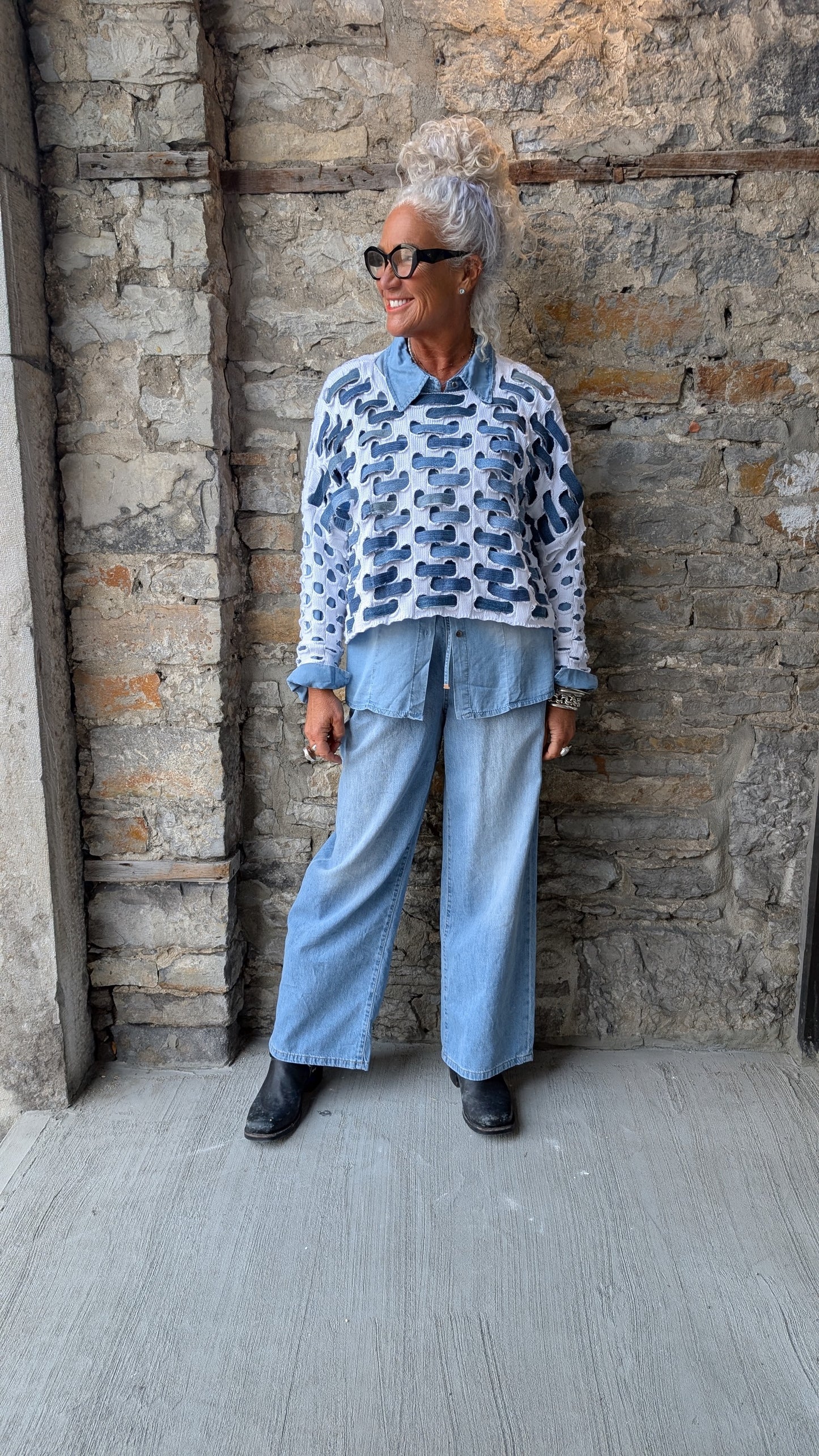 Recycled Denim on White Cotton Oversized Cropped Relaxed Fit Pullover Long Sleeve Sweater