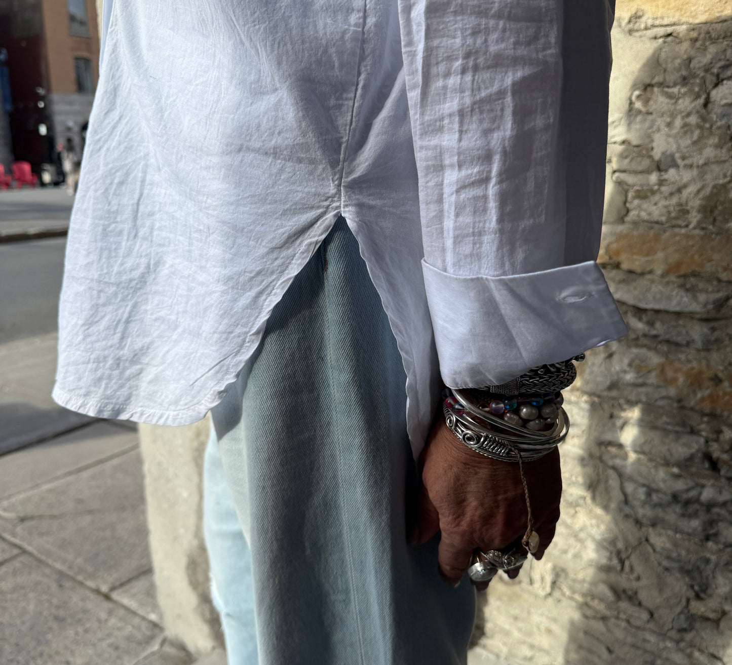 100% Cotton Button Front Curved Hem Shirt - White