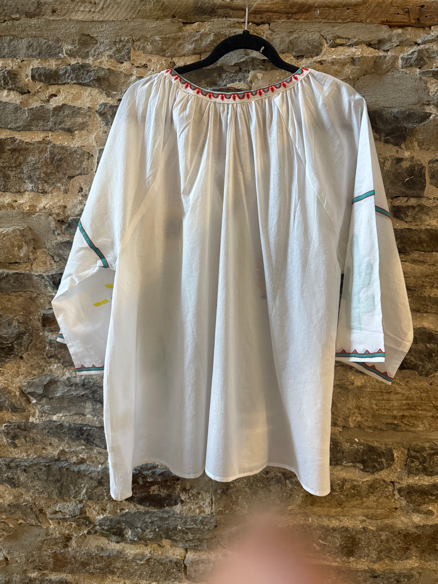 One Size 100% Lightweight Cotton White Tunic Top - Multi colour embroidery
