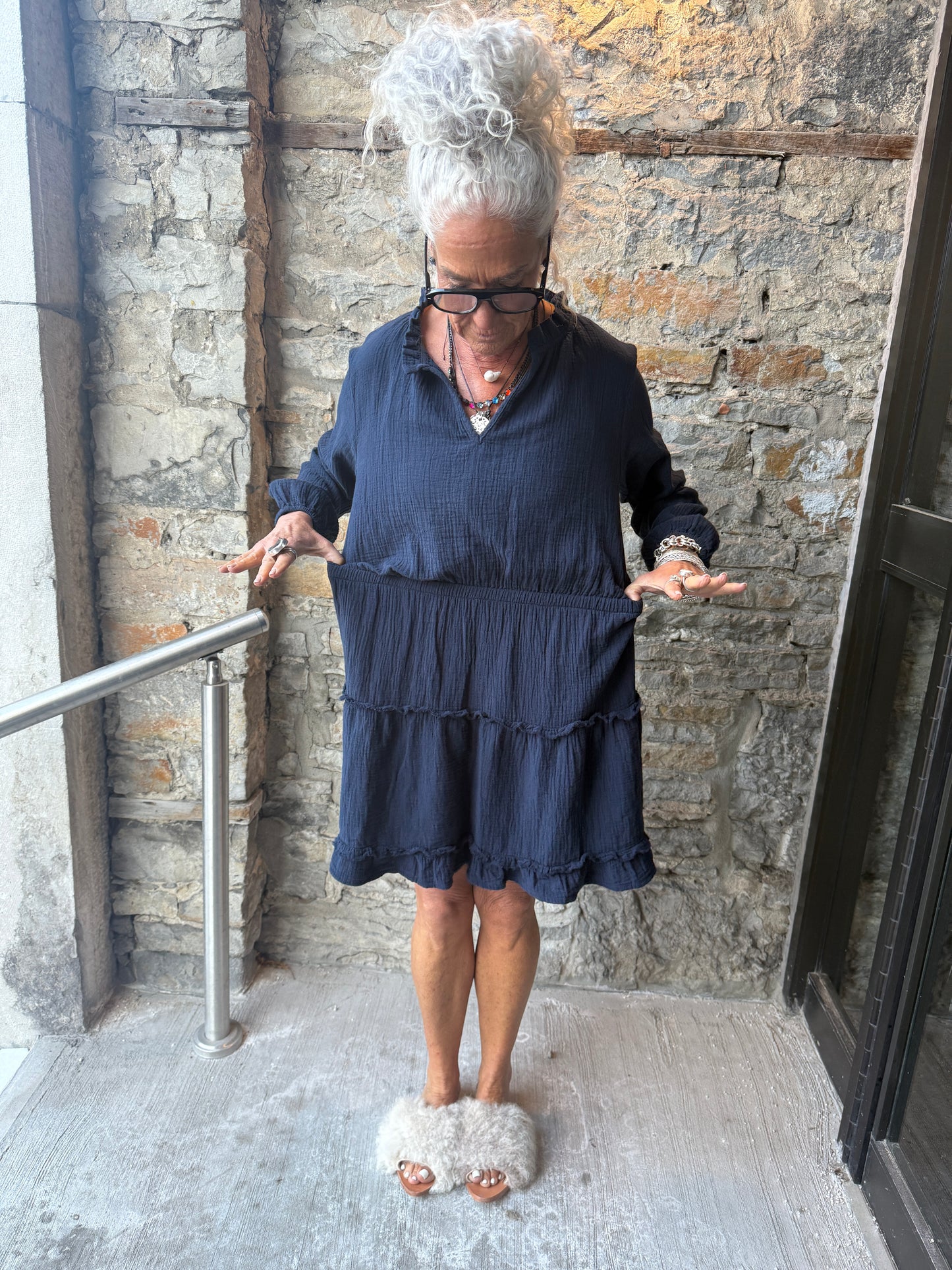 100% waffle cotton tiered long sleeve dress- NAVY BLUE