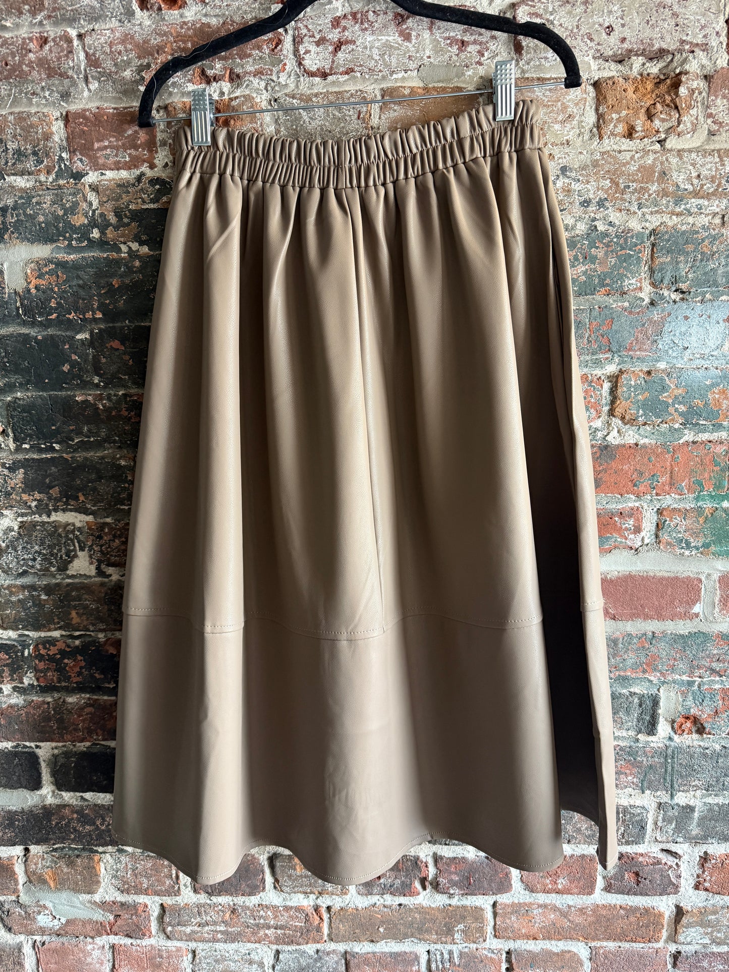 Pleather Midi Skirt with Pockets- TAUPE