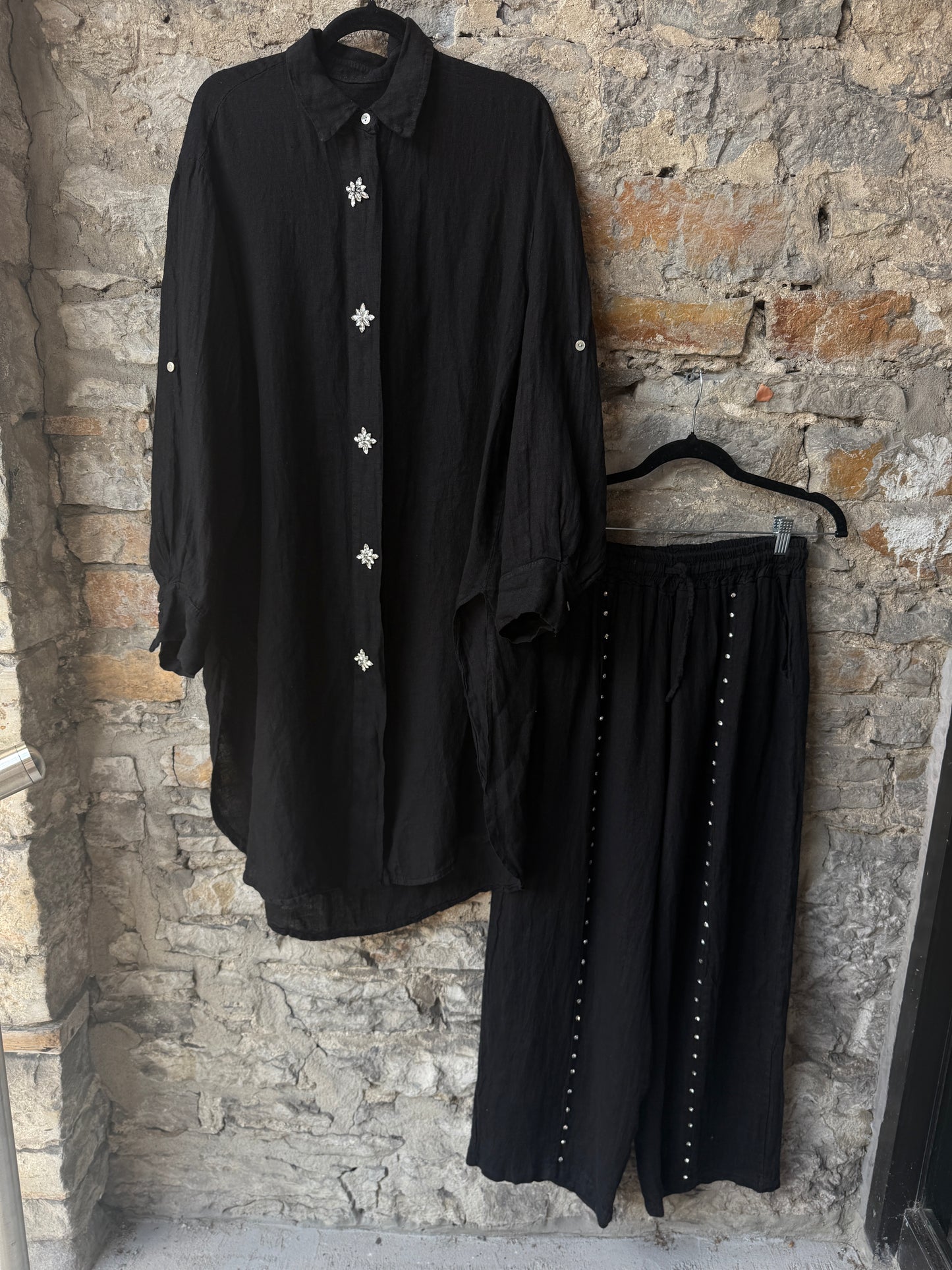 Linen Black Wide Leg Pant with POCKETS- Rhinestone detail