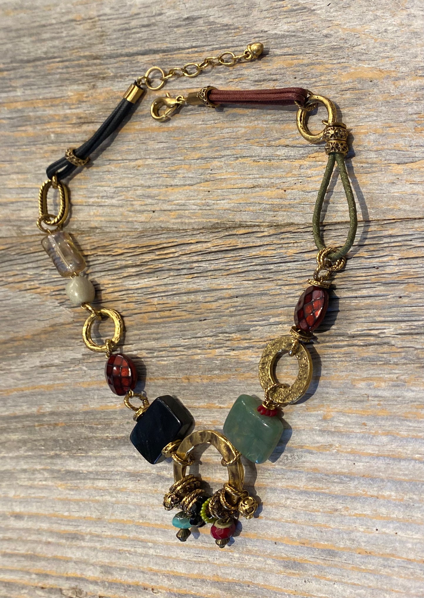 19" Hammered Brass Necklace with Glass Beads on Leather Chord-multi colour stones gold