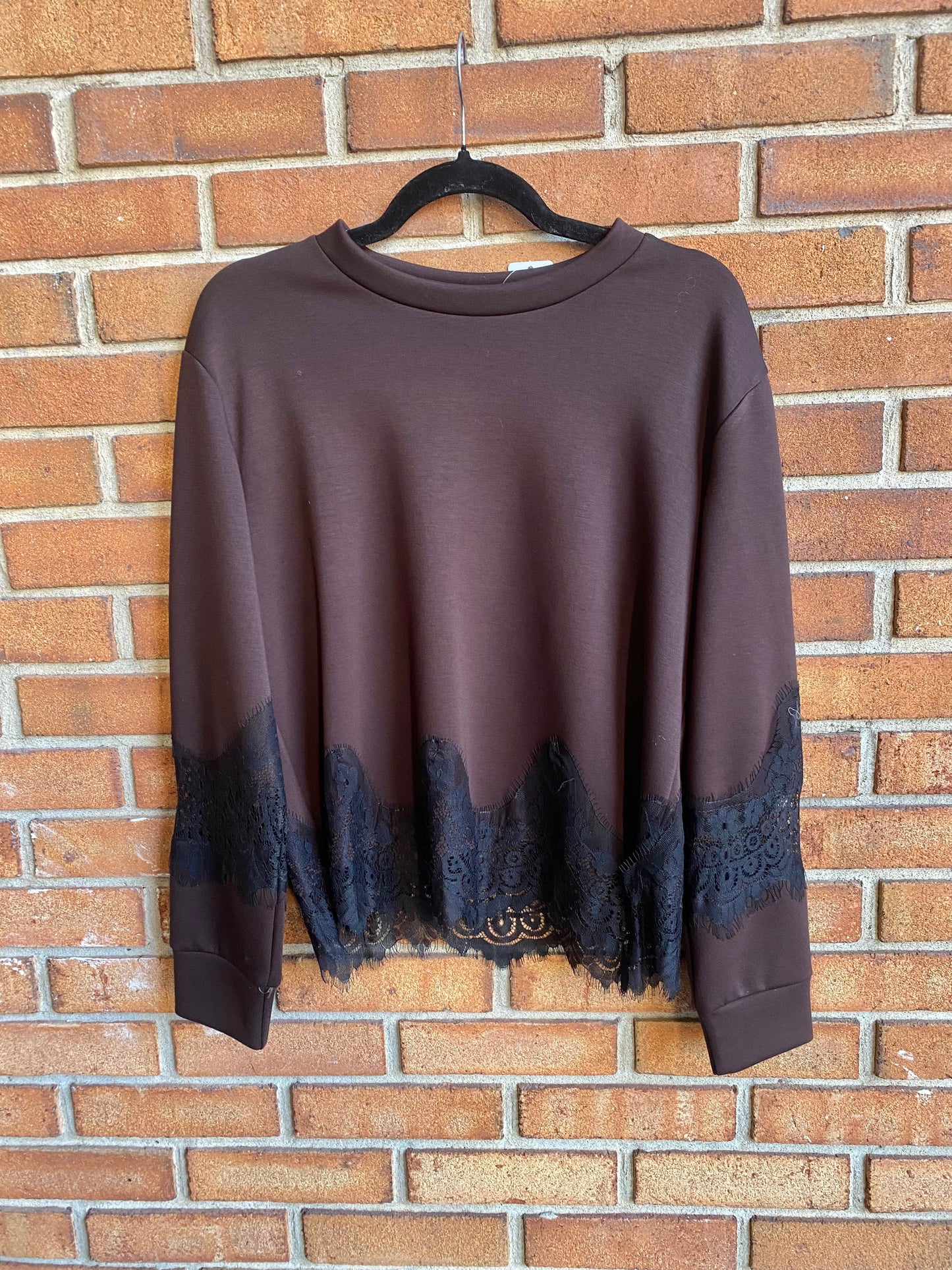 Cropped Scuba Sweatshirt with Lace Trim - BROWN