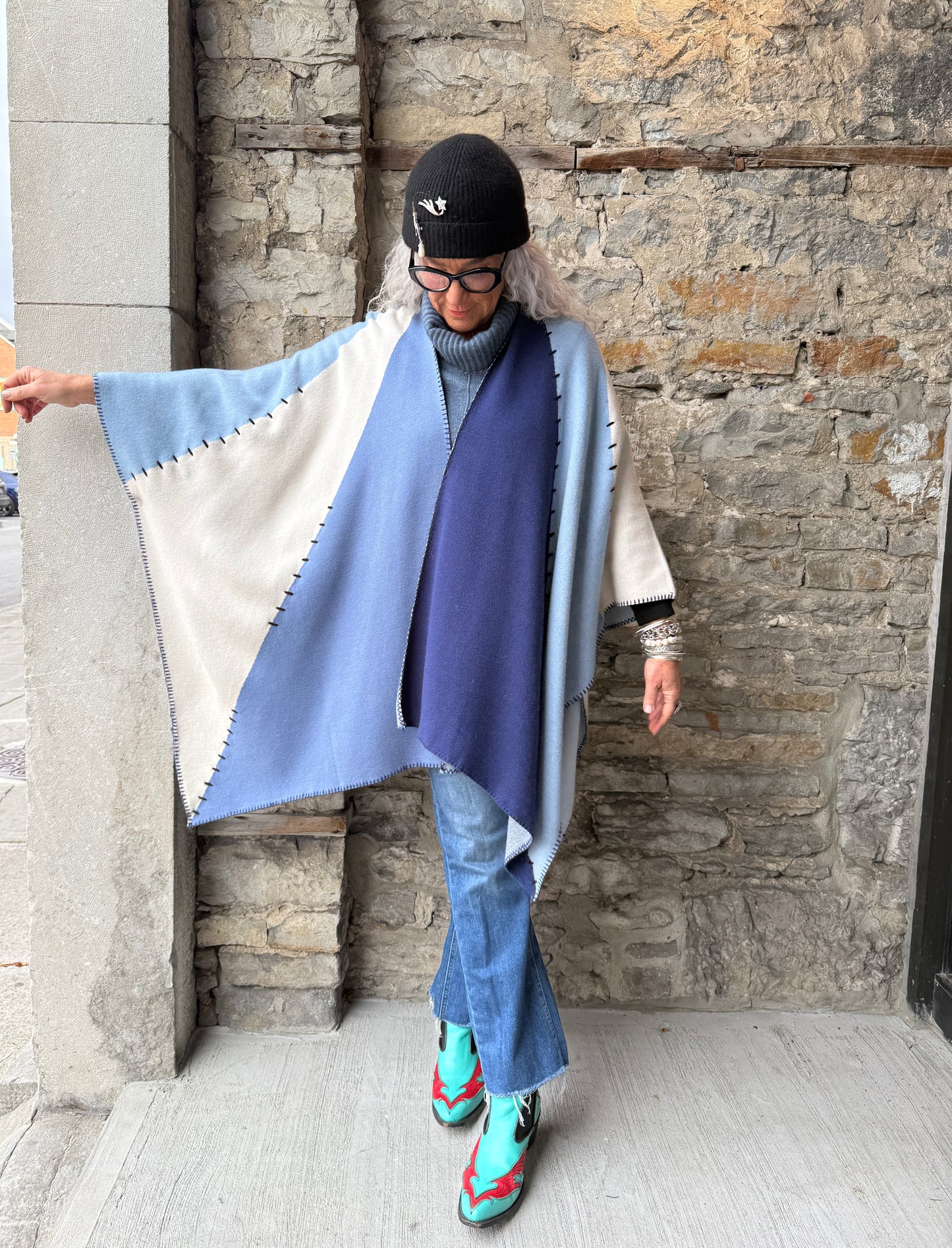 Knit Cape Shawl Scarf Wrap- Blue White Ivory Denim