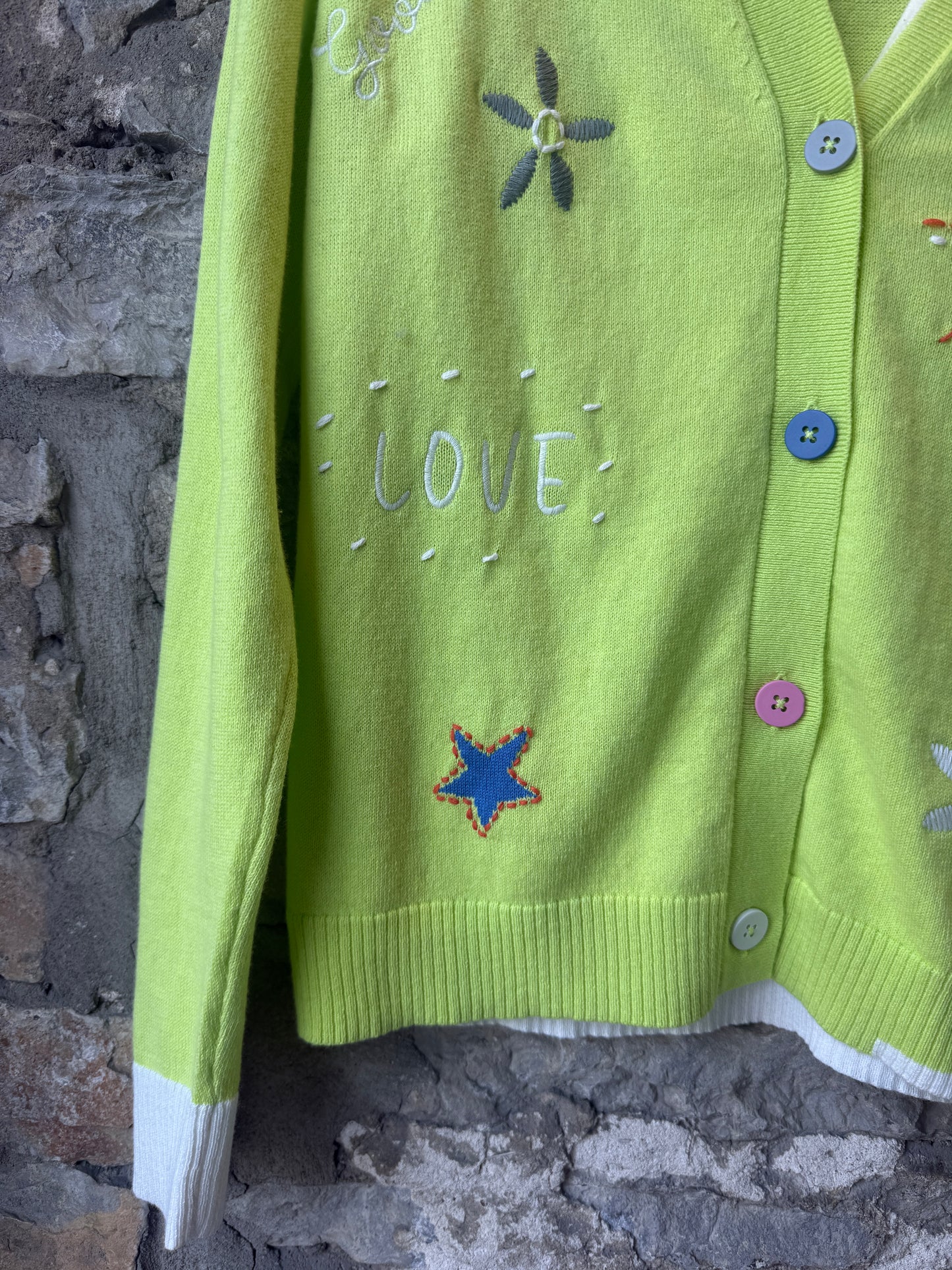 Cotton Button Front Cardigan with Multicolour Embroidery- LIME