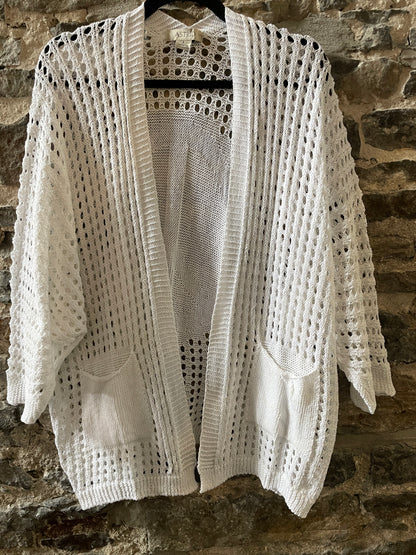 Cotton White open knit cardigan- PEACE sign