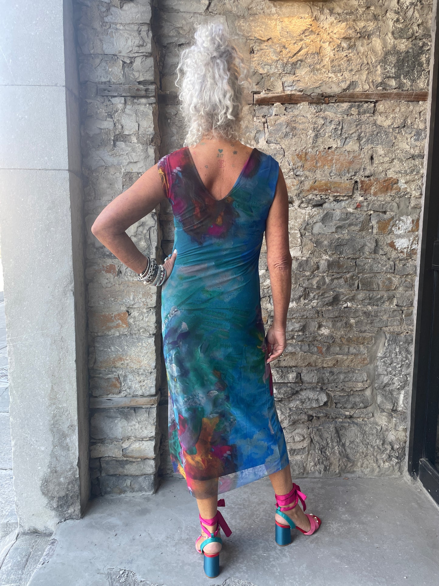 Mesh Watercolour Sleeveless Midi length Dress - Multicolur Blue