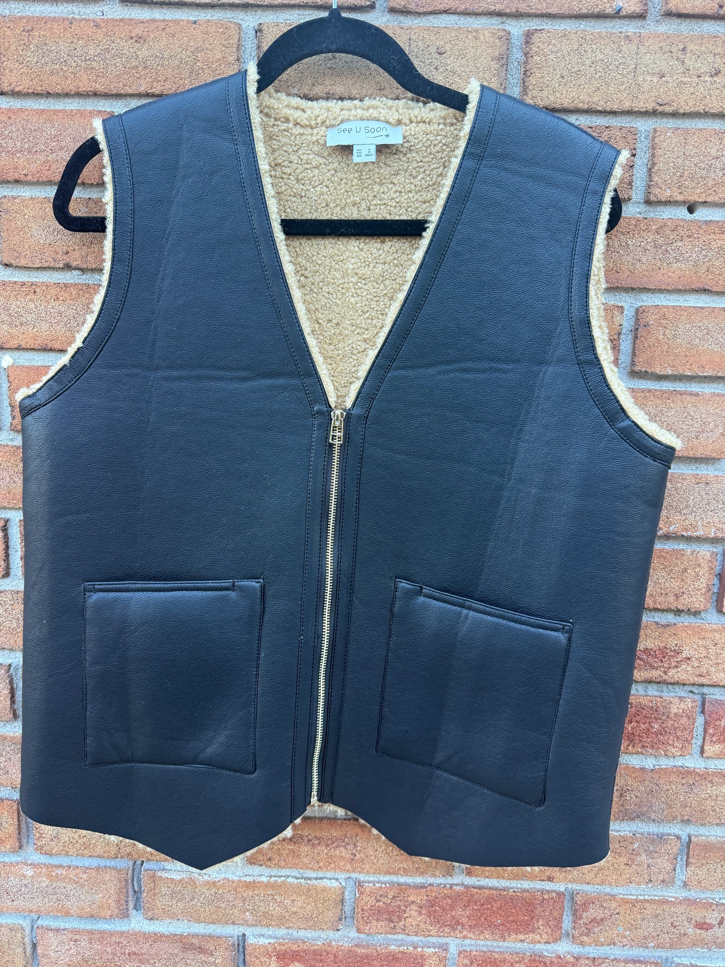 Faux Shearling Zip Up Vest - BLACK