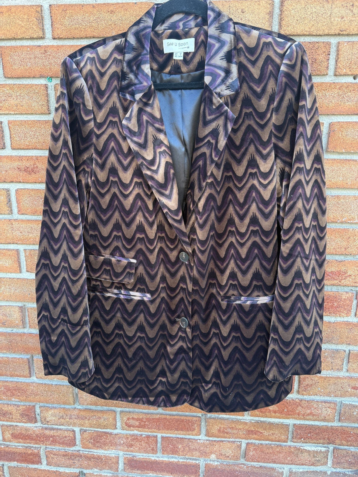 Velvet Blazer- Brown Purple Tan Black Modern Chevron Pattern