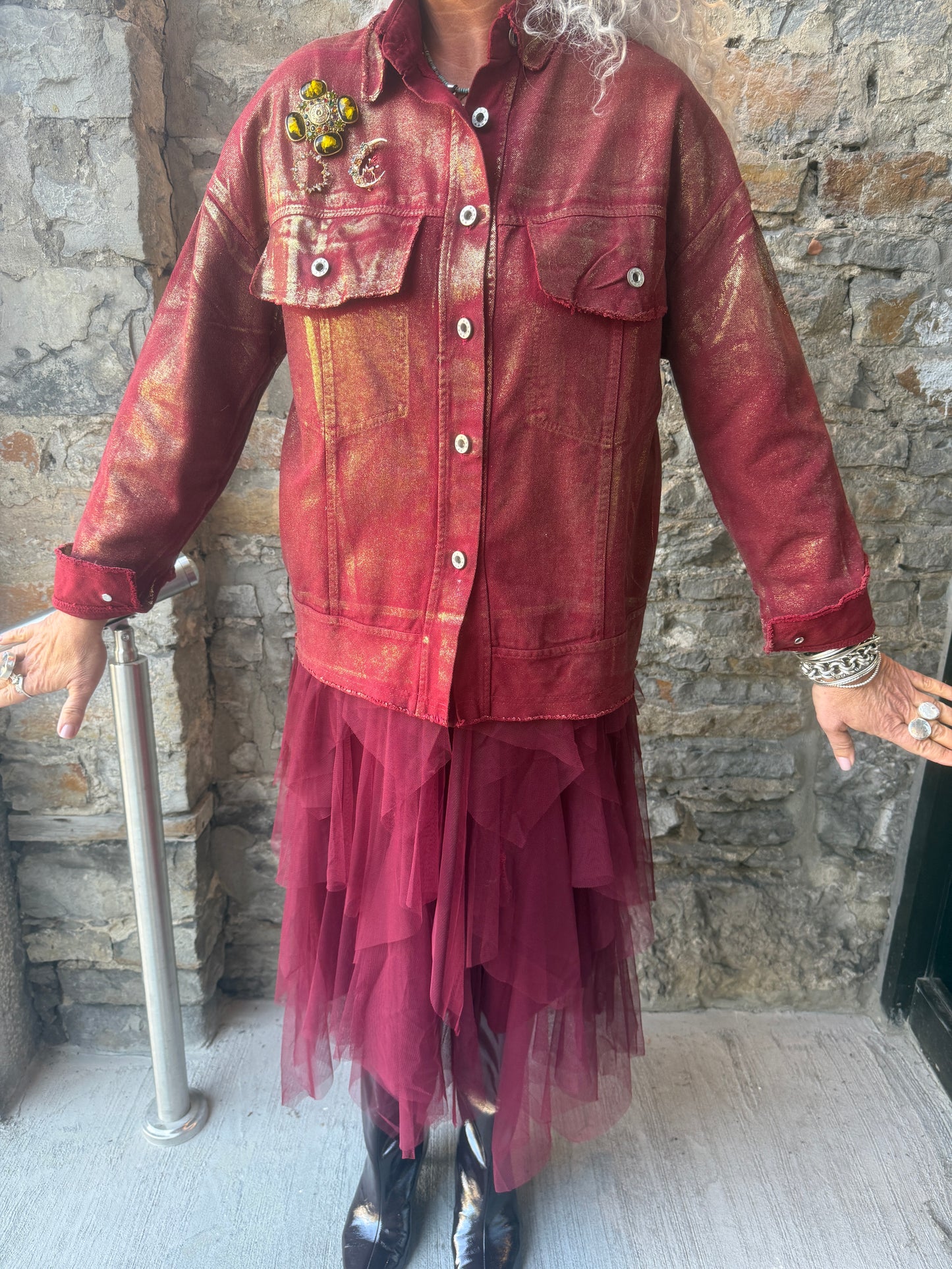 Red Cotton Barn Jacket with Gold Foil Detail
