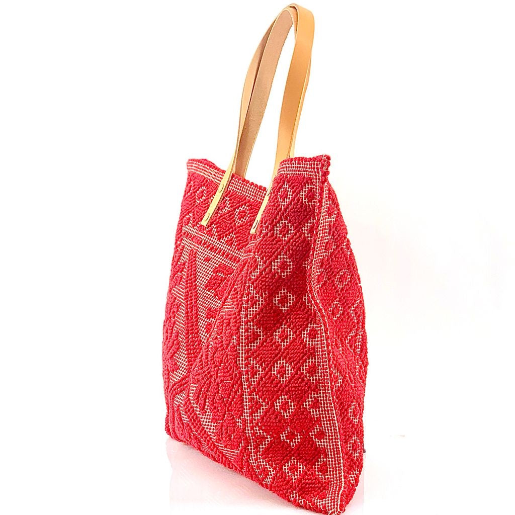 100% Cotton Woven Shoulder Tote with Leather Handle - RED