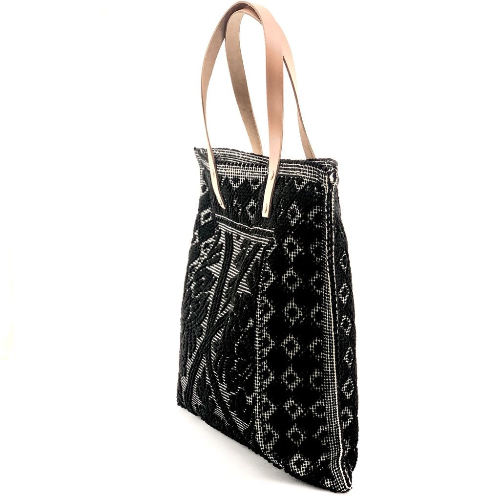 100% Cotton Woven Shoulder Tote with Leather Handle - BLACK